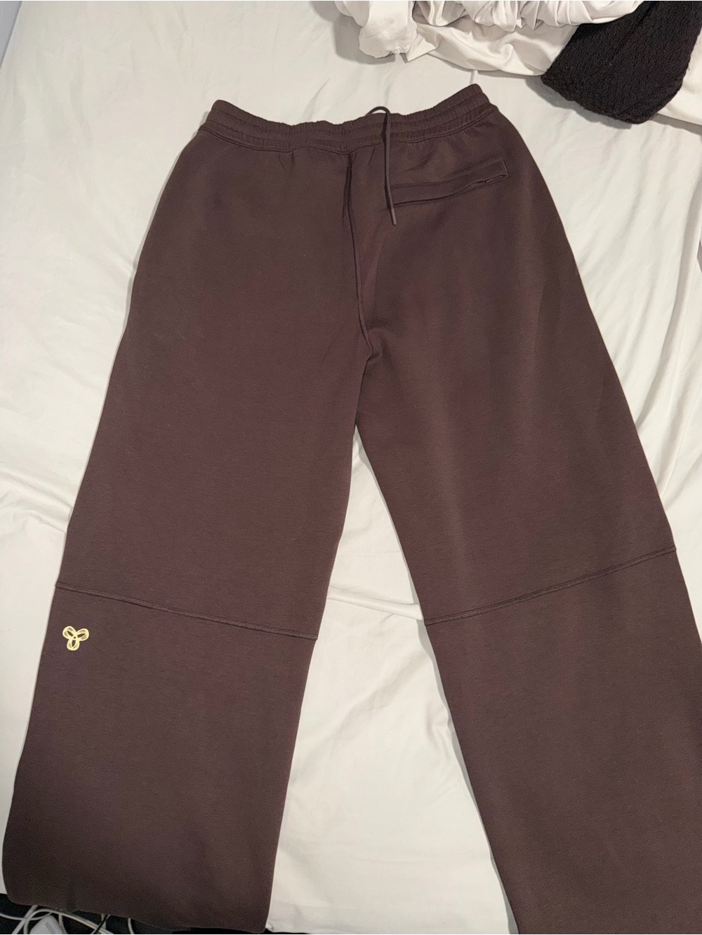 Aritzia Golden Straight-Leg Track Pants in Dark Brown with Gold Logo